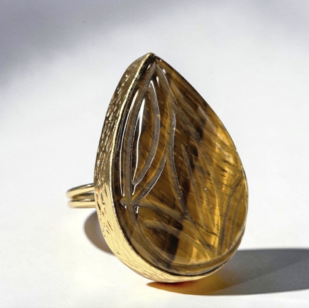 18k Gold Plated Massive Artisan Carved Tigers Eye Statement Ring